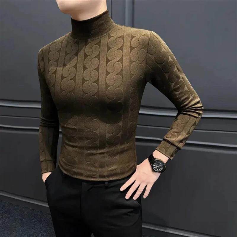 佳慧轻奢男装秋冬提花半高领长袖新款弹力修身痞帅男士内搭打底衫