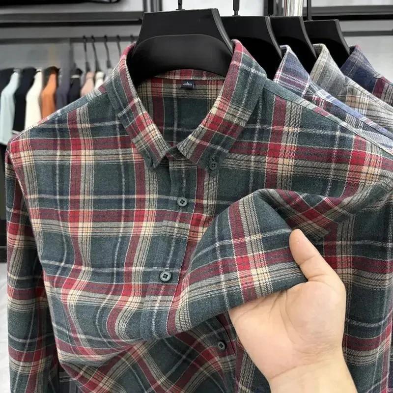 师凯服饰Amphelisia 纯棉磨毛男E士长袖格子衬衫秋W季C新款宽松衬