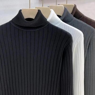 禾木轻奢严选弹力坑条纹t高领休闲毛衣男韩系修身针织衫翻领保
