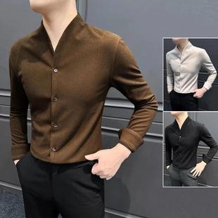 保Q暖男士 师凯服饰V领长衬衫 秋冬毛呢厚款 立领中山装 衬衣 新中式