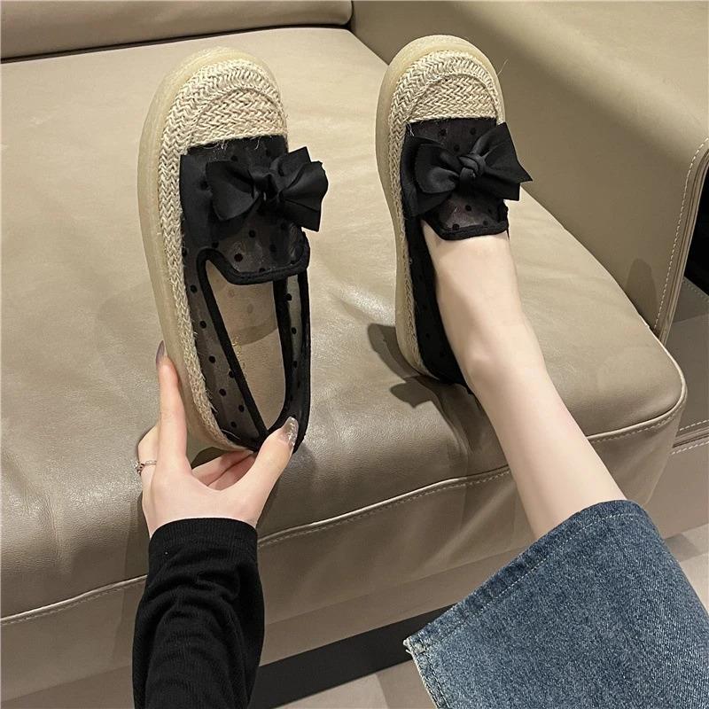 盈行EONLINE2网纱单鞋女夏季厚底透气乐福鞋一脚蹬晚晚风渔夫豆新