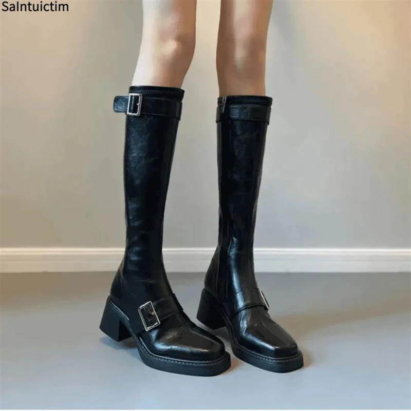 史蒂夫严选店韩系皮带扣长筒靴细腿B小筒围长靴女新款骑士靴粗跟