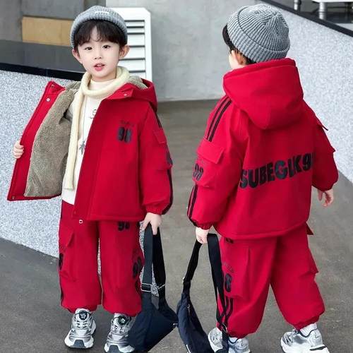 OMI欧米优选男童冬加绒N加厚外套工装裤子2025男孩酷帅保暖两件套