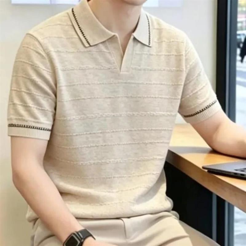 坊轻2026新款高端男装老钱风丝夏季薄款针织衫韩版翻领短袖