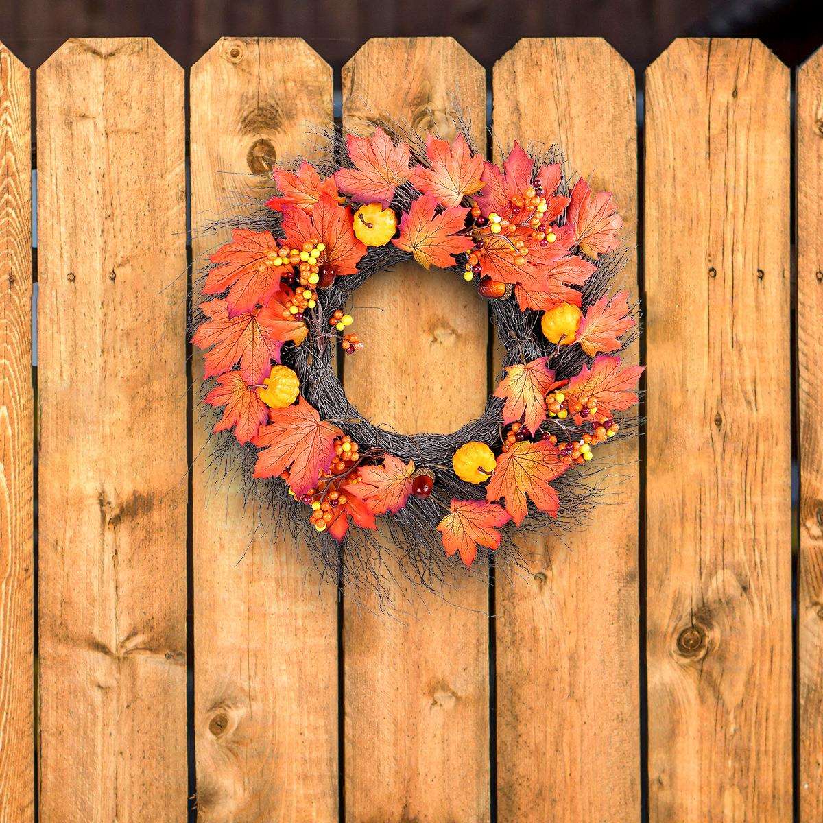 新品丰收节南瓜枫叶花环感恩节秋色仿真枯枝藤圈门挂装饰品