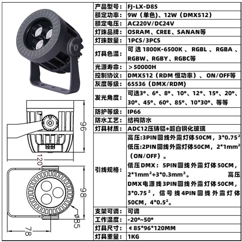 LED9W12W投光灯照树楼宇古迹公园绿植灯文旅造景RGBL全彩DMX/RDM