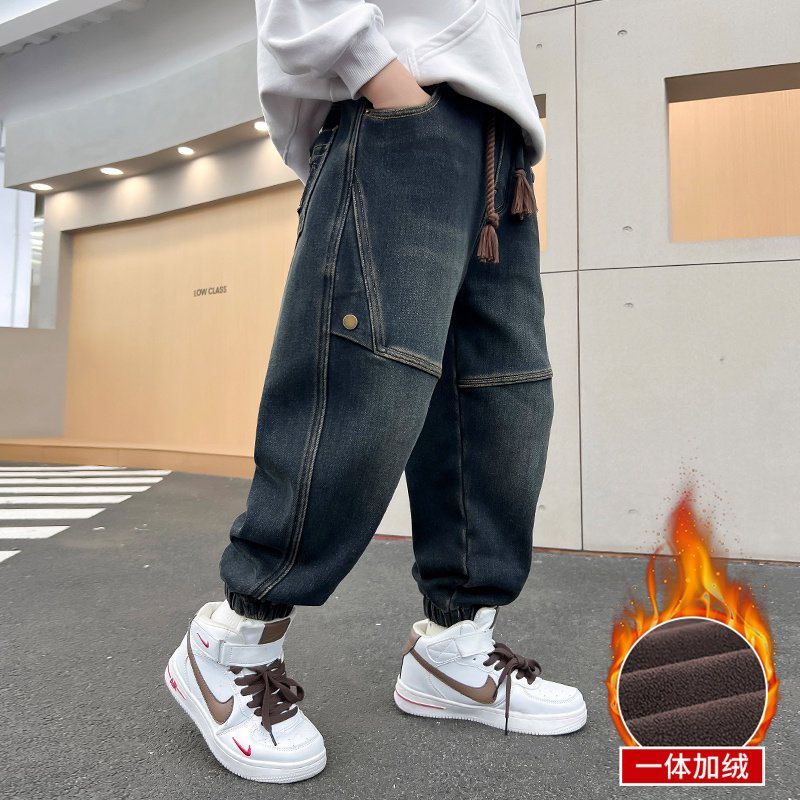 男童加绒a裤子儿童冬装一体绒牛仔裤2023新款男孩宽松休闲裤潮炸