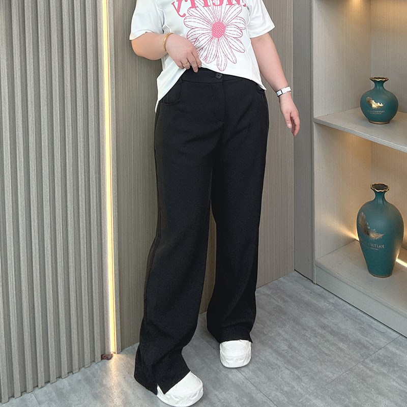 加肥加大码胖mm200斤s西装阔腿裤女夏季薄款高腰垂感开叉拖地裤子