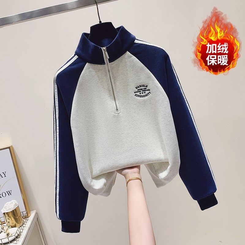 高中女生半拉链Polo领无帽卫衣冬季新款初中学生T宽松加绒加厚上