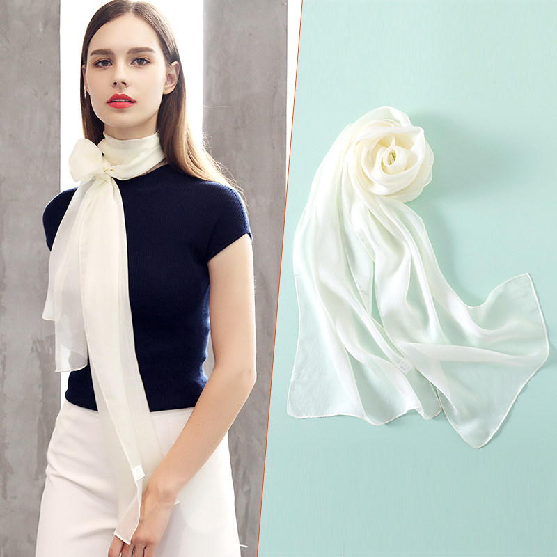 真丝丝巾女春秋薄款白色长条妈妈桑蚕丝纯色N冬季围巾披肩外搭纱