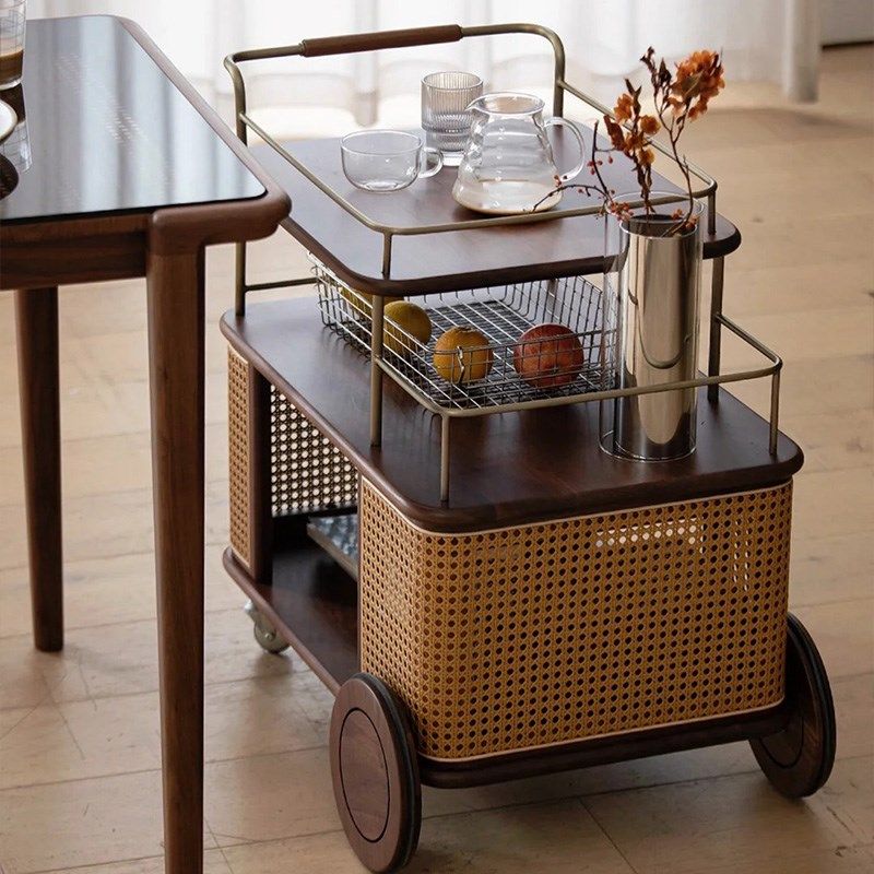 中古风实木藤编移动小推车客厅收纳简约餐厅不锈钢U零食置物架边,住宅家具,移动边几/推车,淘宝优惠券,粉丝福利购,淘宝优惠卷