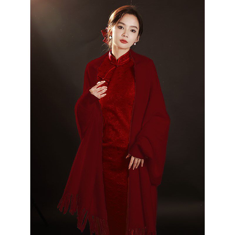 酒红色旗袍c毛披肩秋冬季新娘结婚婚纱礼服外搭披风针织敬酒服外