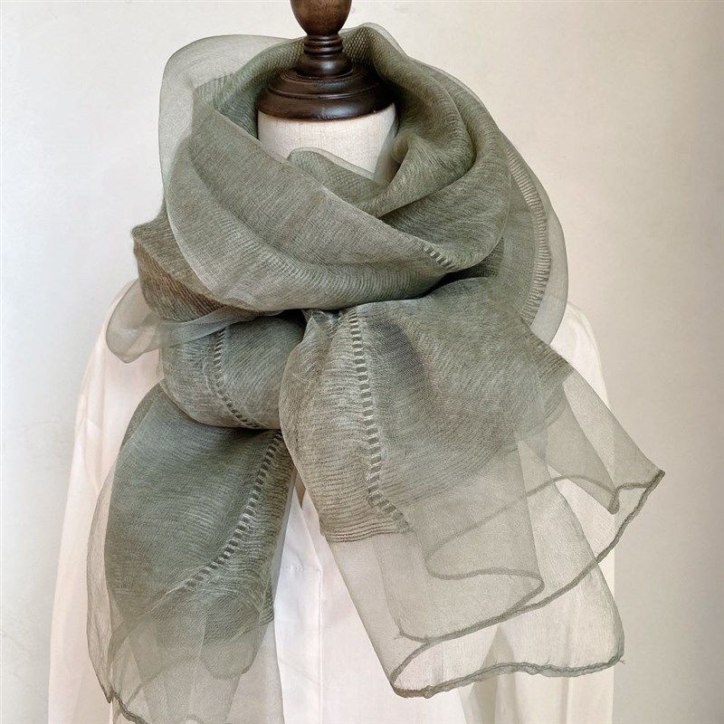 薄款双层蓝色真丝羊毛围巾t春秋简约长款纯色桑蚕丝丝巾纱巾披肩