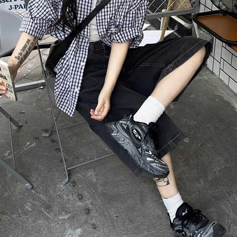 大码美式复古g水洗做旧阔腿牛仔短裤设计感高街工装宽松显瘦七分