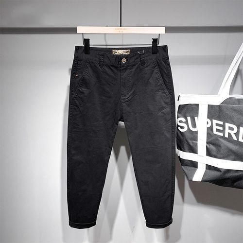 直筒休闲裤子男h款夏季宽松纯棉弹力韩版潮流卡其色裤子男士九分