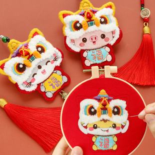 汽车挂件保平安符生肖醒狮diy手工刺绣网红车载R车内吊饰车上挂饰