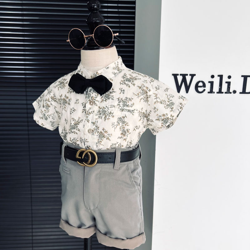 夏季新款男宝宝周岁抓周礼服 男童复G古港风花衬衫英伦风套装花童