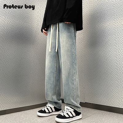 牛仔裤男款夏f季薄款浅色复古水洗男士痞帅抽绳宽松直筒休闲长裤