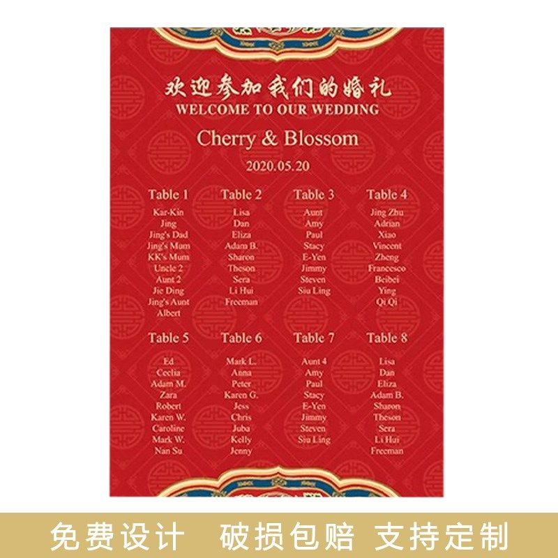 定制中式婚礼席位图订婚宴海报宴会宾客名单迎宾牌红色生日座位表
