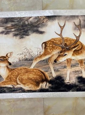 双鹿福禄图福寿双全梅花鹿工笔走兽国画字画客厅画办公室装饰挂画