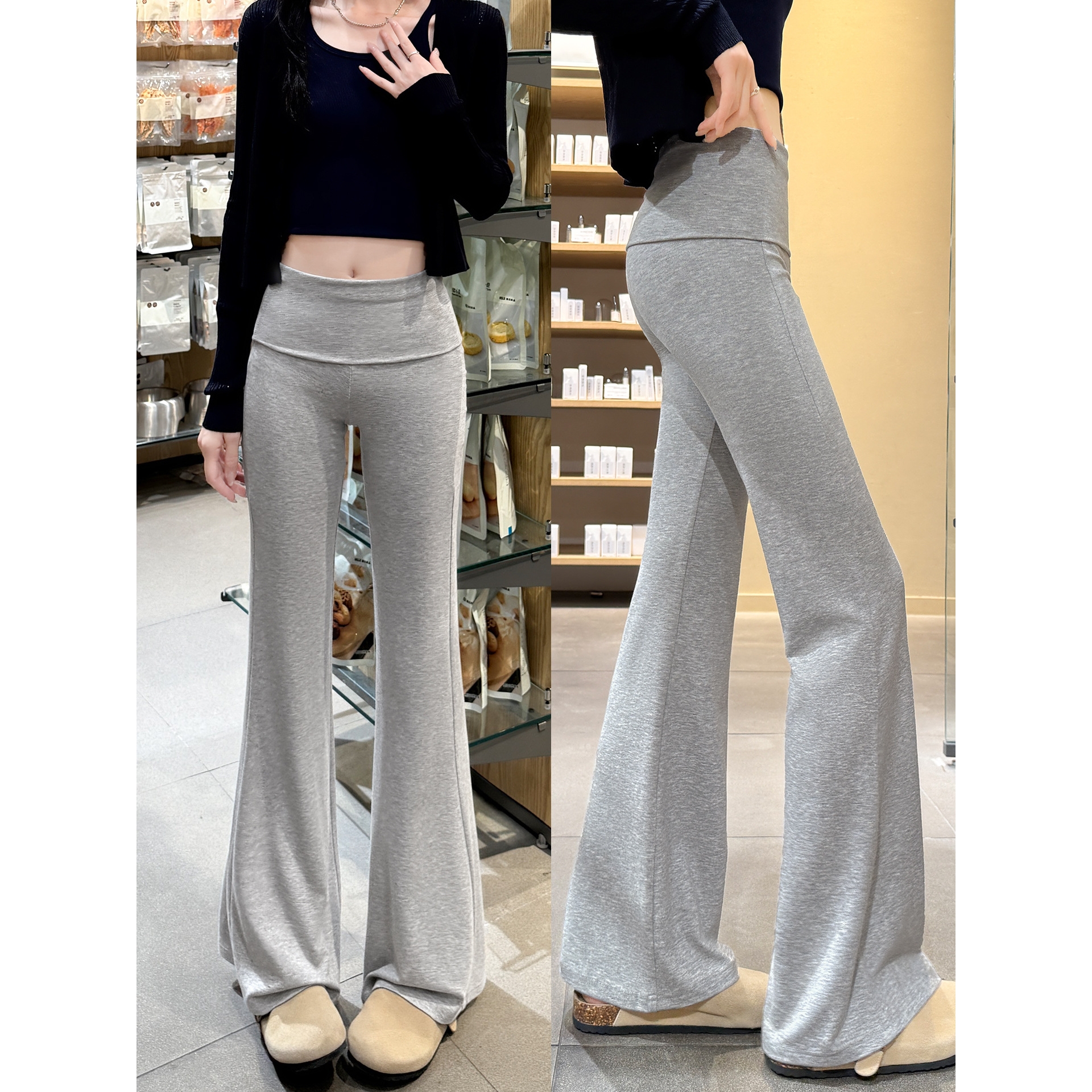 美式翻腰微喇裤女夏季薄款高腰辣妹显瘦喇叭裤运动卫裤垂感瑜伽裤