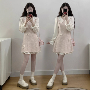 小個子絕美粉色連衣裙子女初秋季 假兩件miu系穿搭短裙 2025新爆款