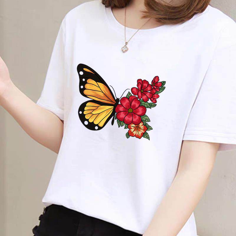蝴蝶花卉短袖时尚上衣圆领通勤打底女外穿洋气休闲夏季ins印花T恤