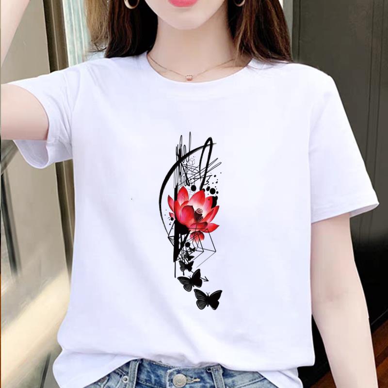 通勤时尚女外穿洋气打底花朵文艺短袖休闲夏季上衣圆领ins印花T恤