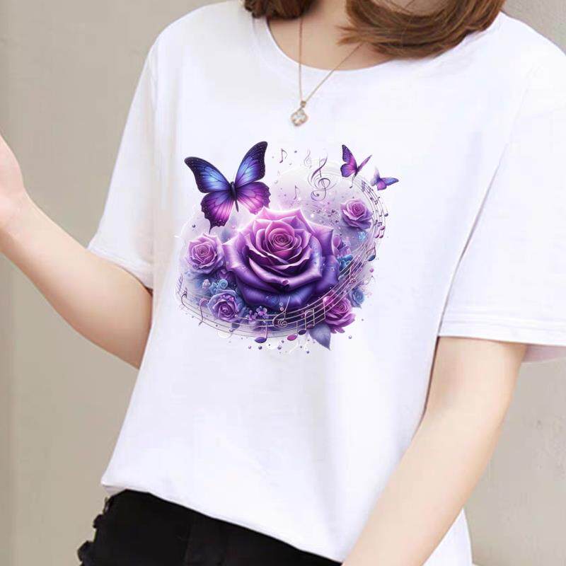 蝴蝶花卉短袖时尚上衣圆领通勤打底女外穿洋气休闲夏季ins印花T恤