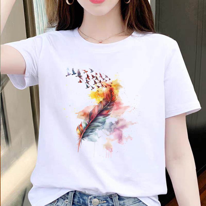 羽毛可爱女上衣打底外穿洋气夏季短袖通勤时尚休闲圆领ins印花T恤