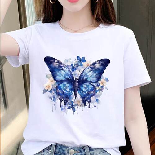 蝴蝶气质外穿洋气夏季上衣女打底时尚休闲圆领ins短袖通勤印花T恤