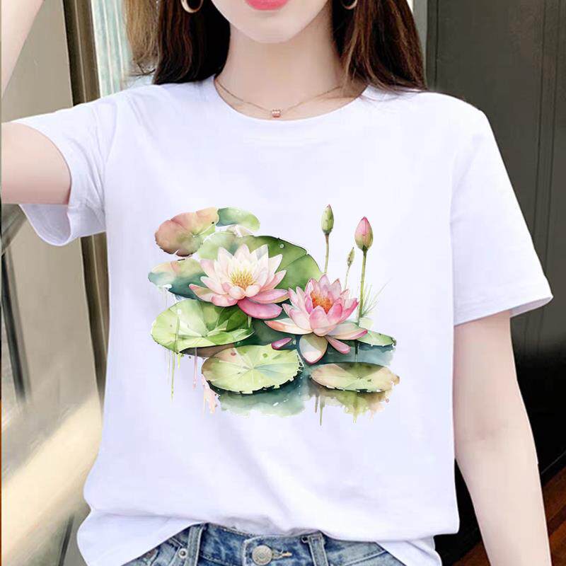 荷花可爱外穿洋气夏季上衣女打底时尚休闲圆领ins短袖通勤印花T恤