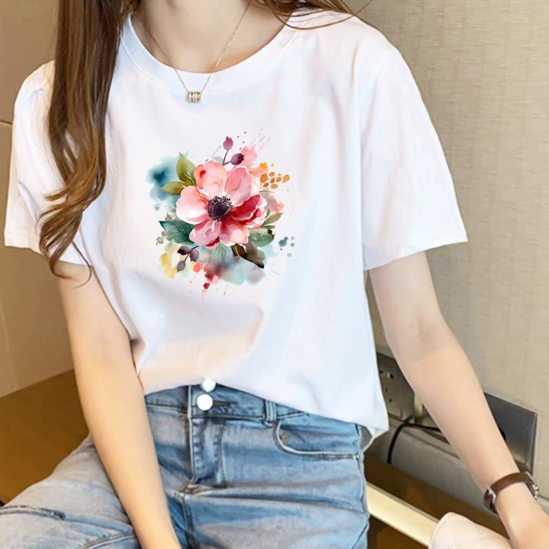 花卉可爱短袖通勤夏季上衣女外穿洋气打底时尚休闲圆领ins印花T恤