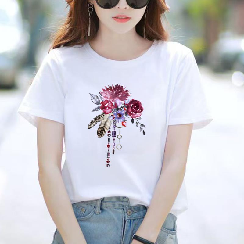 文艺花卉夏季上衣女外穿洋气打底短袖通勤时尚休闲圆领ins印花T恤