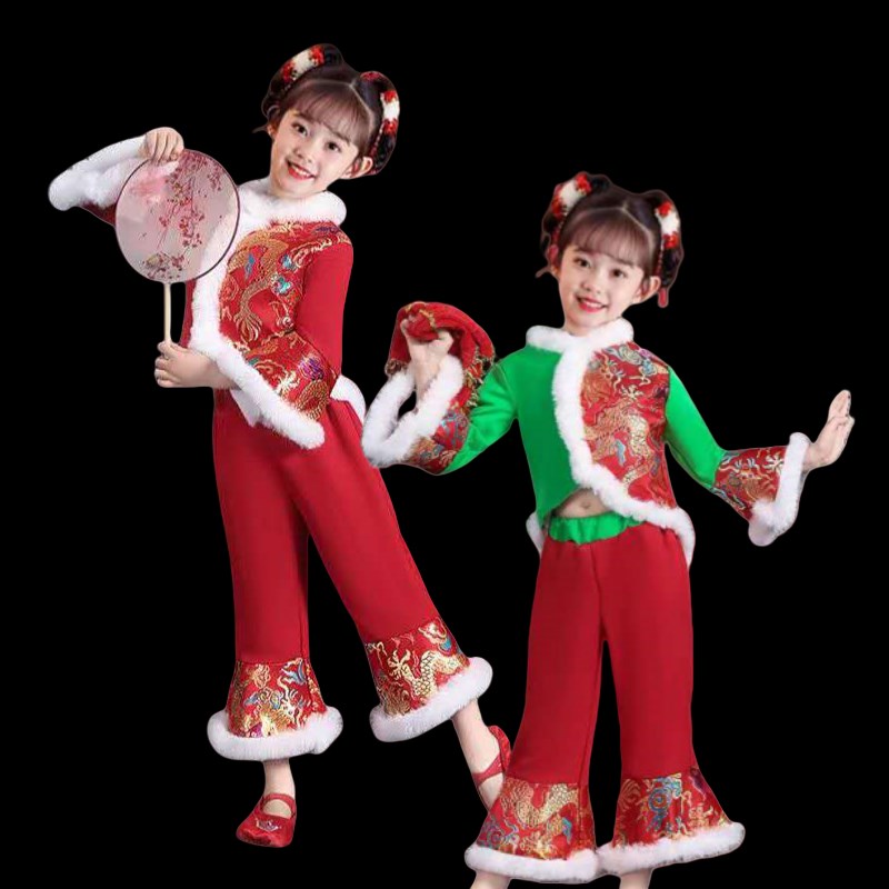 2024新款冬款儿童秧歌服女开门红演出服民族扇子舞红色喜庆打鼓服