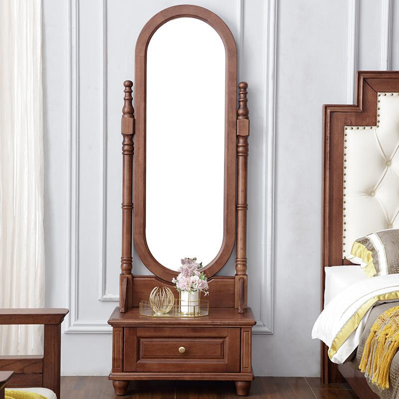 美式实木穿衣镜欧式全身镜卧室复古落地镜可移动试衣镜化妆镜子