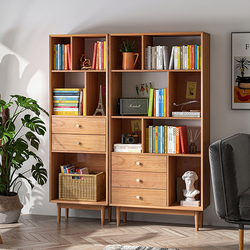 北欧实木书柜现代简约书房落地收纳置物架家用客厅多功能原木书架