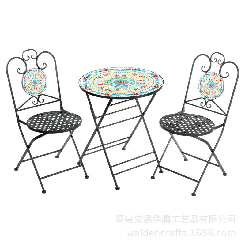 户外马赛克桌椅组合欧式复古铁艺室外庭院休闲折叠桌椅