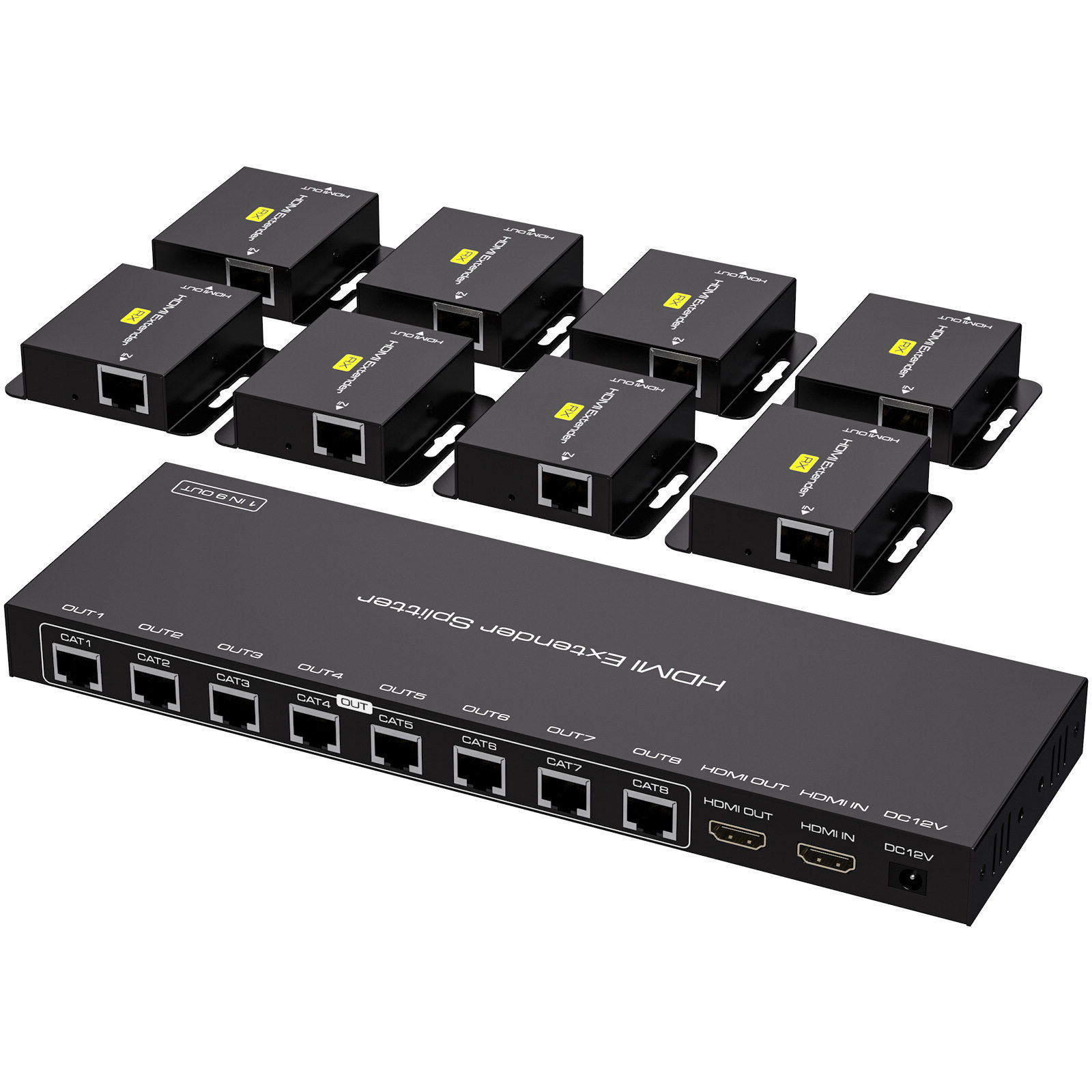 HDMI1分8分配器带网线延长50米1路HDMI转8路网口分配延长器1080P