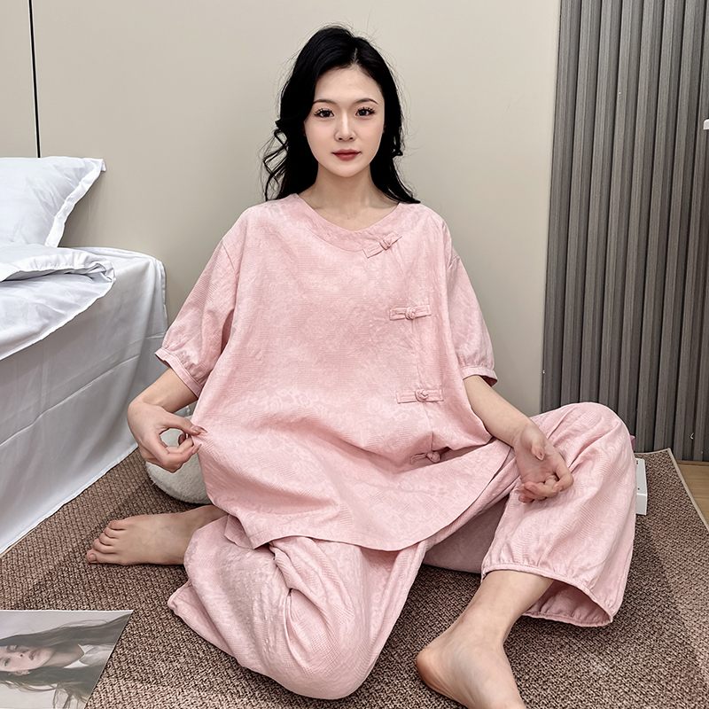 夏季大码纯棉睡衣女款新中式国风