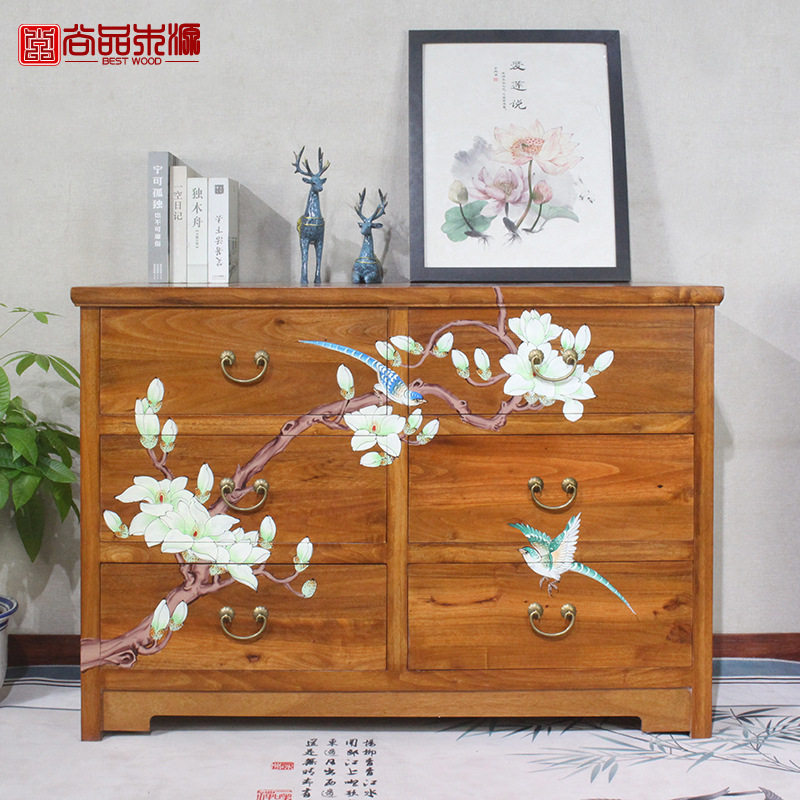 新中式实木六斗柜香樟木多抽屉式储物柜卧室收纳橱客厅彩绘五斗柜