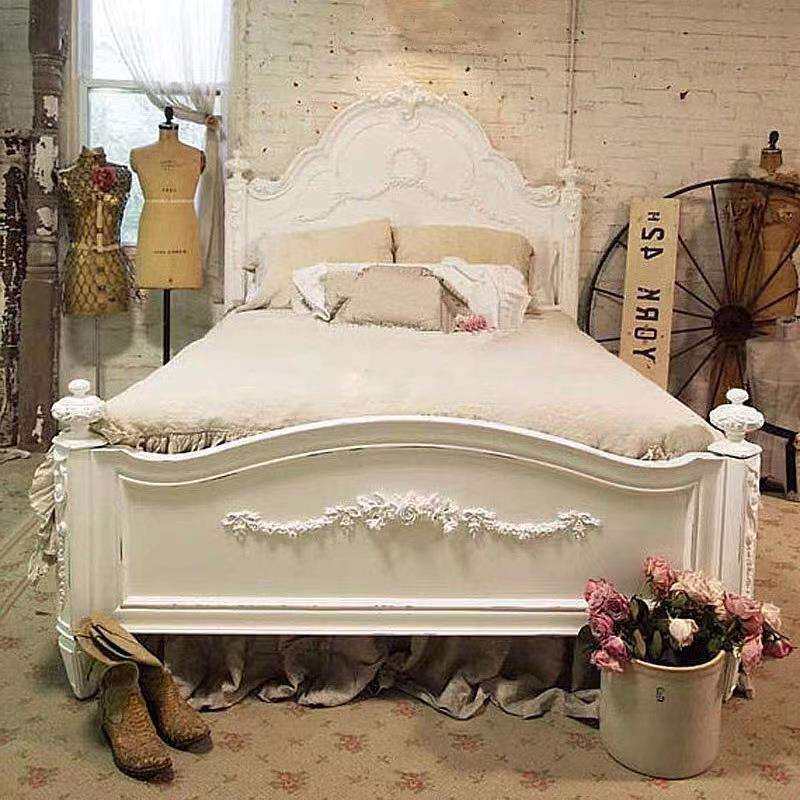 北欧复古实木雕花白色双人床美式乡村公主床欧式宫廷主卧女王婚床