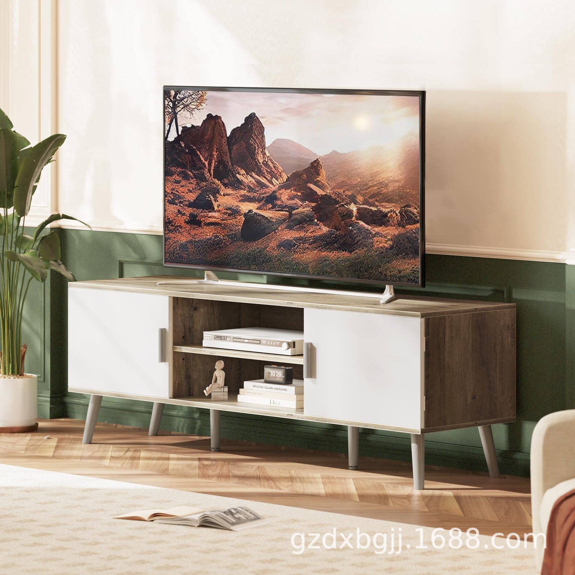 电视支架 带可调节搁板电视柜 2 个橱柜电视控制台 实木脚储物桌