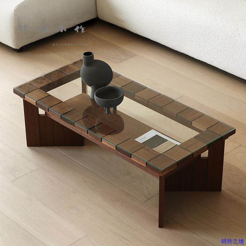 北欧黑胡桃实木玻璃长方形双层茶几简约现代客厅茶桌橡木茶台