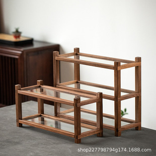 批发黑胡桃玻璃置物架实木茶具茶壶收纳架桌面小型茶台多宝阁