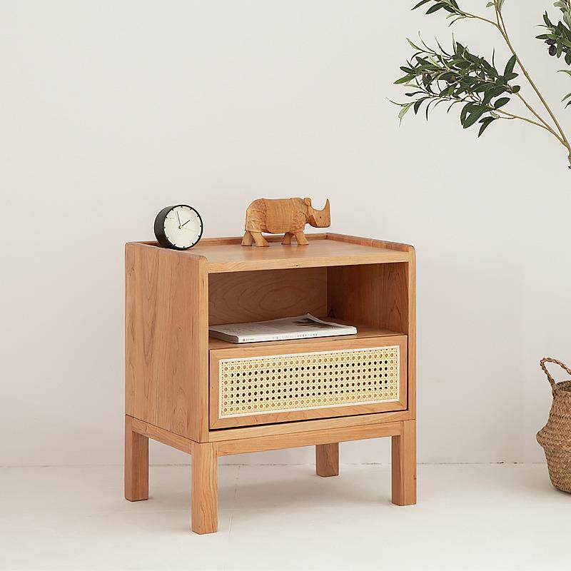 日式实木床头柜小户型卧室床边置物柜家用客厅创意藤编杂志边柜