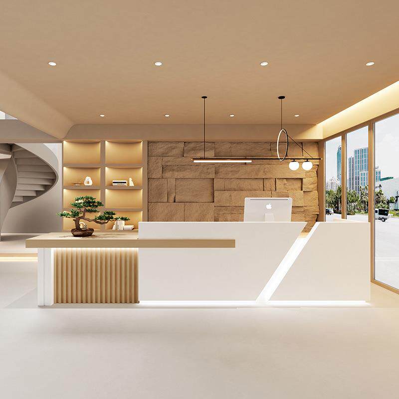 简约现代前台桌公司接待台足浴酒店大厅烤漆吧台原木色收银台