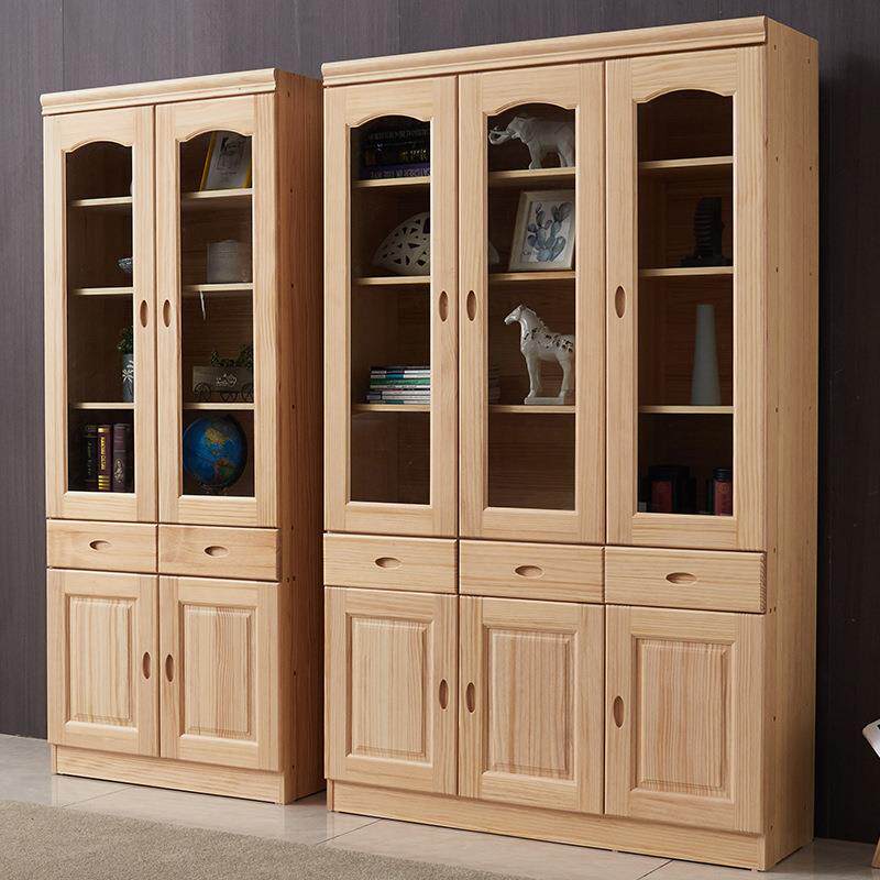 松木书柜全实木两门三门书柜组合带玻璃门简约现代儿童收纳书橱柜
