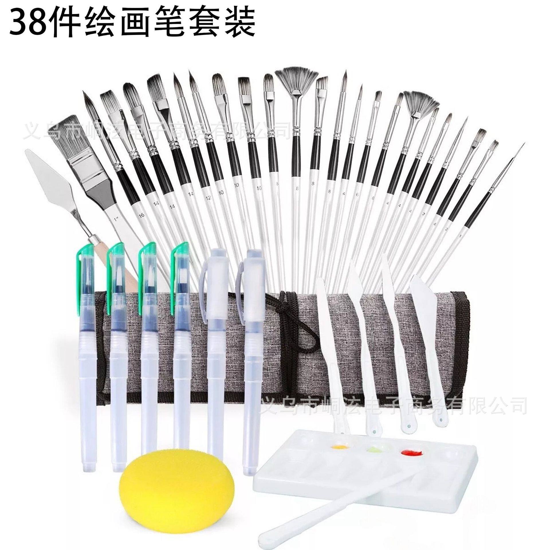 跨境热卖38支尼龙毛画笔套装银灰杆笔帘油画笔水粉水彩画笔刷工厂