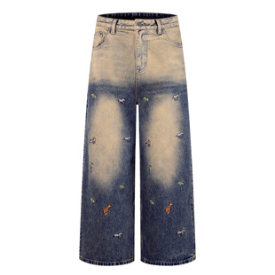 巴黎轻奢美式复古做旧动物刺绣牛仔裤男女宽松百搭长裤高街阔腿裤